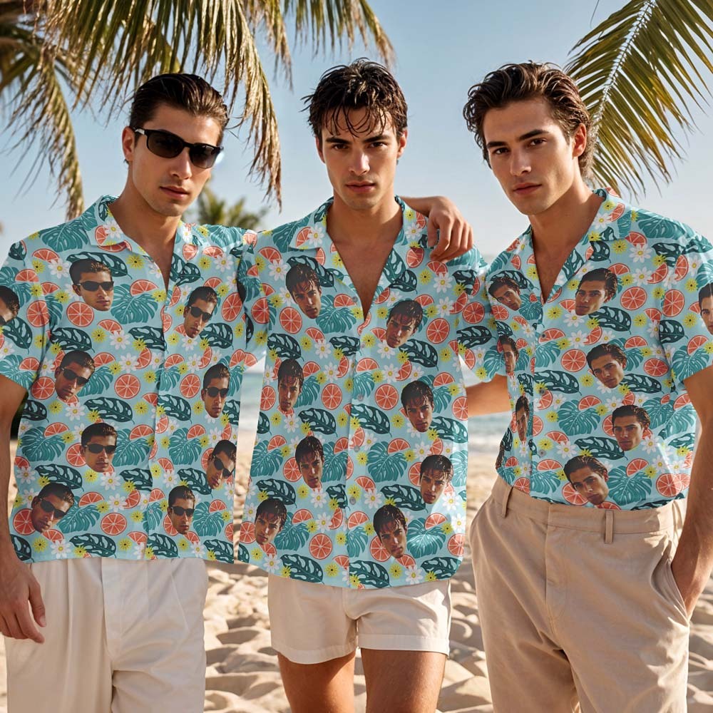 Chemise Hawaïenne Personnalisée Avec Visage, Chemise Hawaïenne Personnalisée Avec Marguerite Orange Et Feuille De Palmier, Cadeaux De Vacances Tropicales - MyFaceSocksFR
