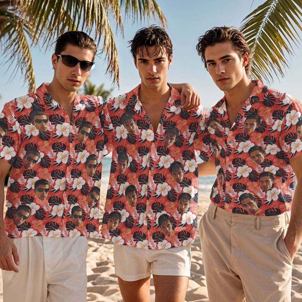 Chemise Hawaïenne Personnalisée Avec Visage, Chemise Hawaïenne À Fleurs Rouges De Style Hawaïen Personnalisée, Cadeaux De Vacances Tropicales - MyFaceSocksFR