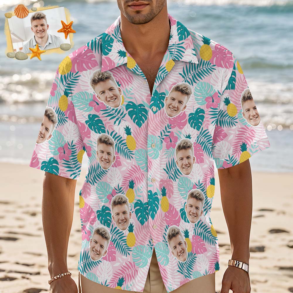 Chemise Hawaïenne Personnalisée Avec Visage, Chemise Hawaïenne À Fleurs Roses Personnalisée, Cadeaux De Vacances Tropicales