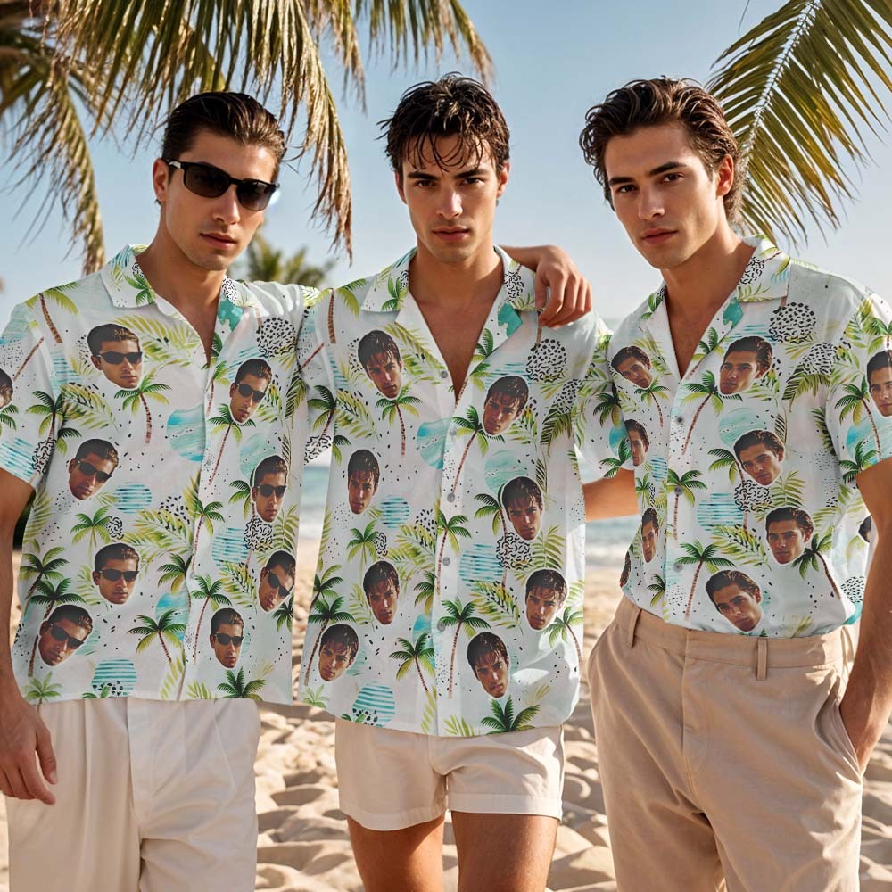 Tenue D'été Personnalisée, Chemise Hawaïenne Légère Avec Cocotier Tropical, Chemise De Plage Avec Photo Personnalisée - MyFaceSocksFR