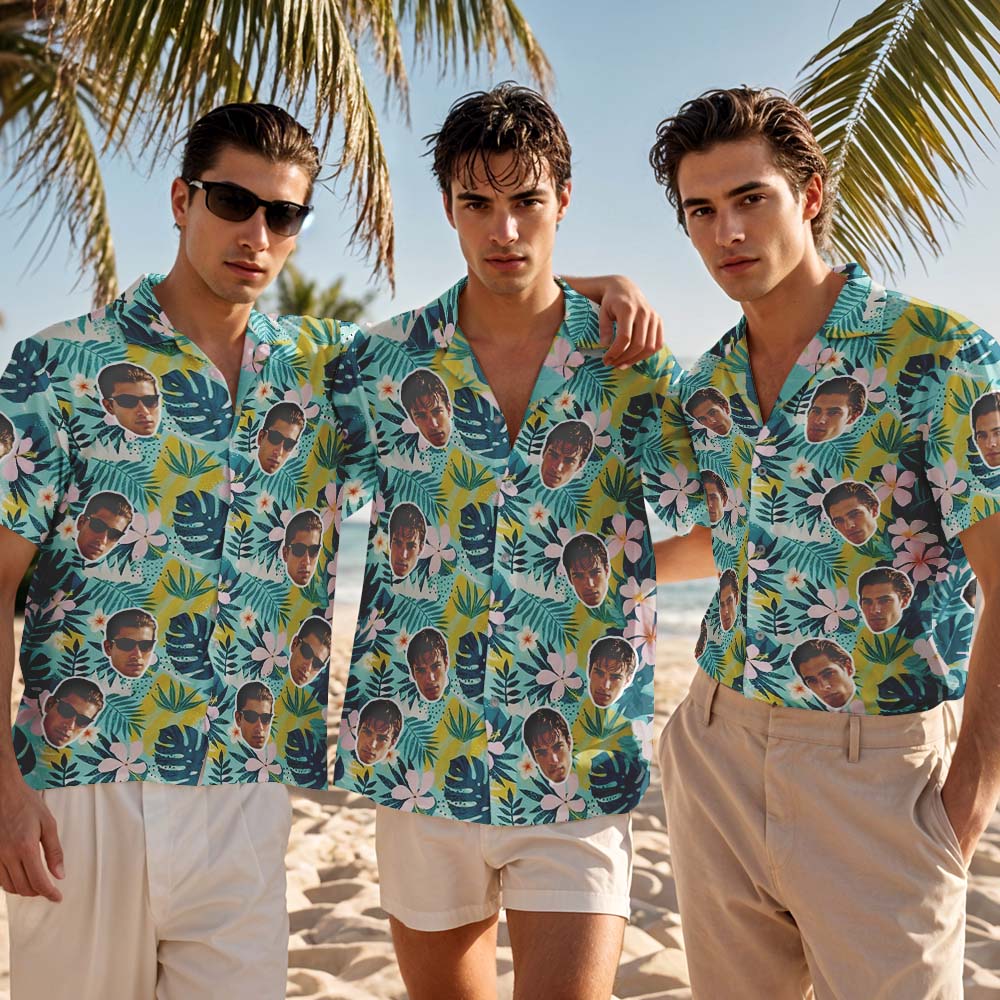 Chemise Hawaïenne Verte Personnalisée Avec Photo Et Feuilles De Palmier, Chemise Hawaïenne À Fleurs Roses, Cadeau Tropical Personnalisé