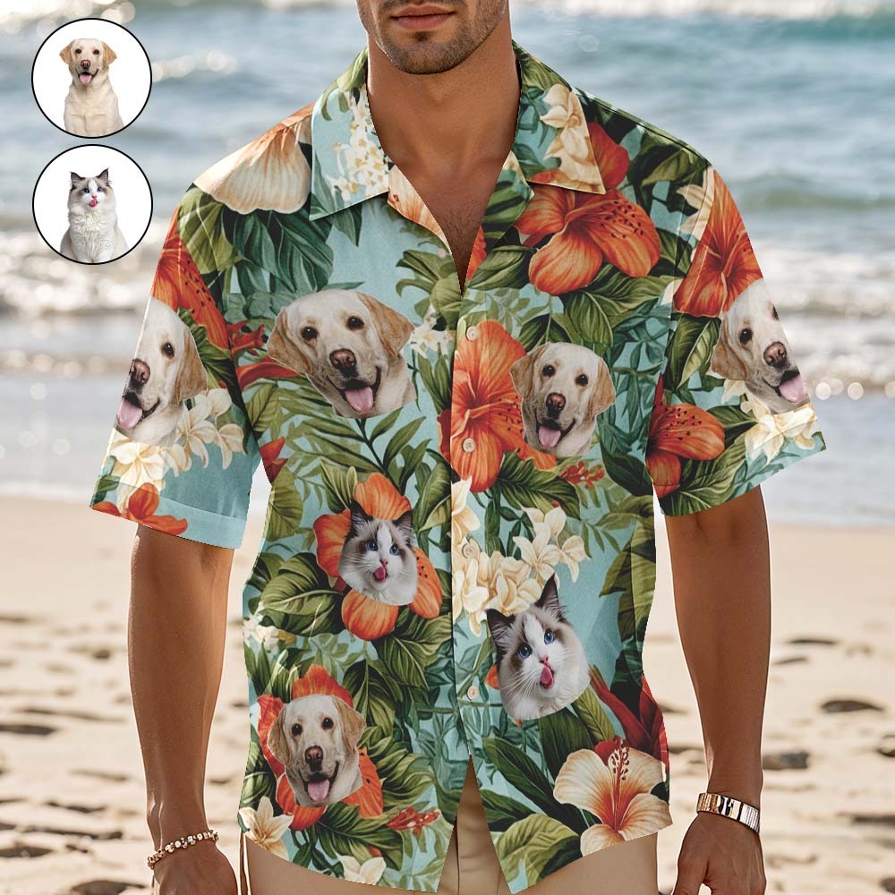Chemise Hawaïenne Personnalisée Avec Fleurs Rouges, Chemise Hawaïenne Photo Personnalisée, Chemises De Fête Amusantes Pour Les Amoureux Des Animaux - MyFaceSocksFR