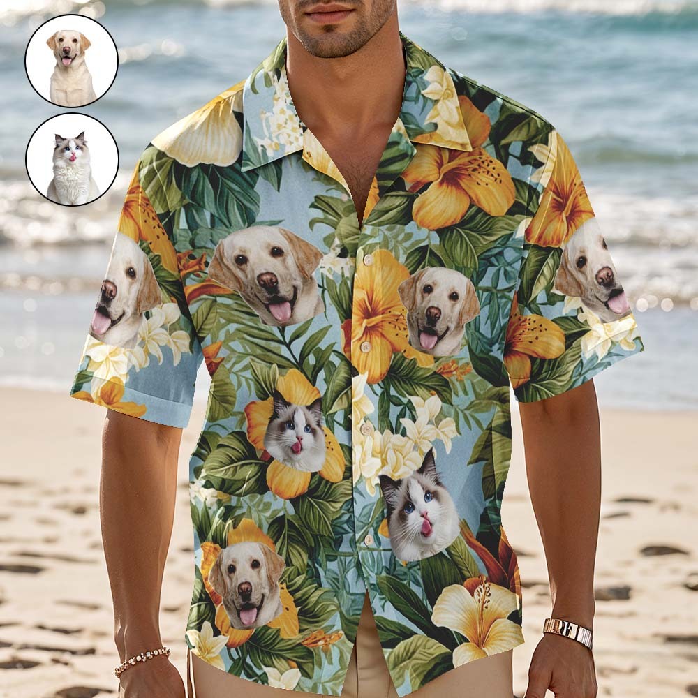 Chemise Hawaïenne Personnalisée Avec Fleurs Oranges, Chemise Hawaïenne Photo Personnalisée, Chemises De Fête Amusantes Pour Les Amoureux Des Animaux - MyFaceSocksFR