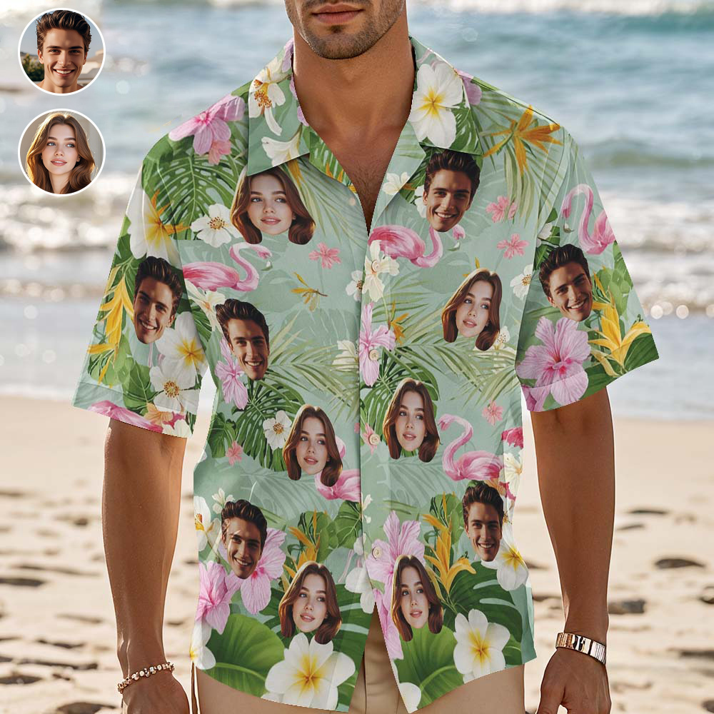 Chemise Hawaïenne Personnalisée Avec Flamant Rose Et Feuilles Vertes, Photo Personnalisée, Cadeau Amusant - MyFaceSocksFR