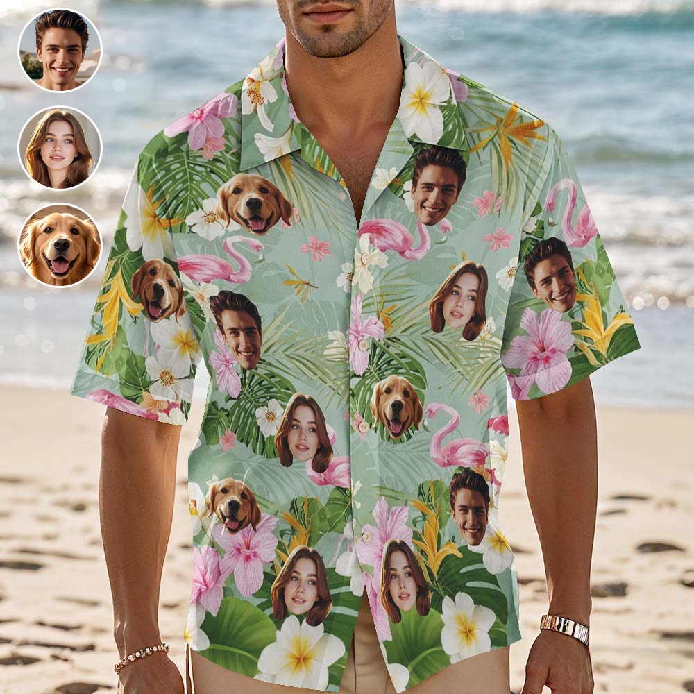 Chemise Hawaïenne Personnalisée Avec Flamant Rose Et Feuilles Vertes, Photo Personnalisée, Cadeau Amusant - MyFaceSocksFR