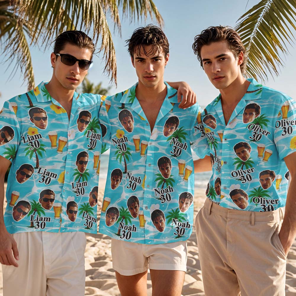 Chemise Hawaïenne Personnalisée Avec Photo De Visage, Cadeau D'anniversaire, Motif Feuilles Tropicales