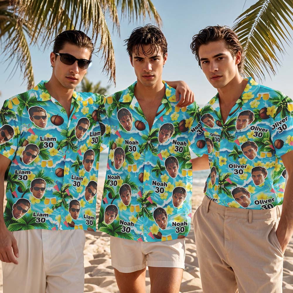 T-shirt D'anniversaire Personnalisé Avec Verre À Vin En Noix De Coco, Chemise Hawaïenne Personnalisée Avec Visage, Chemise Hawaïenne Avec Photo Personnalisée, Cadeau De Fête D'anniversaire