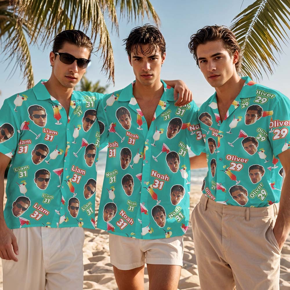 T-shirt Hawaïen Vert Personnalisé Avec Visage Et Nom D'anniversaire, T-shirt Drôle De Fête D'anniversaire Personnalisé Avec Photo De Visage Personnalisée, T-shirt De Groupe De Fête D'anniversaire Assorti - MyFaceSocksFR