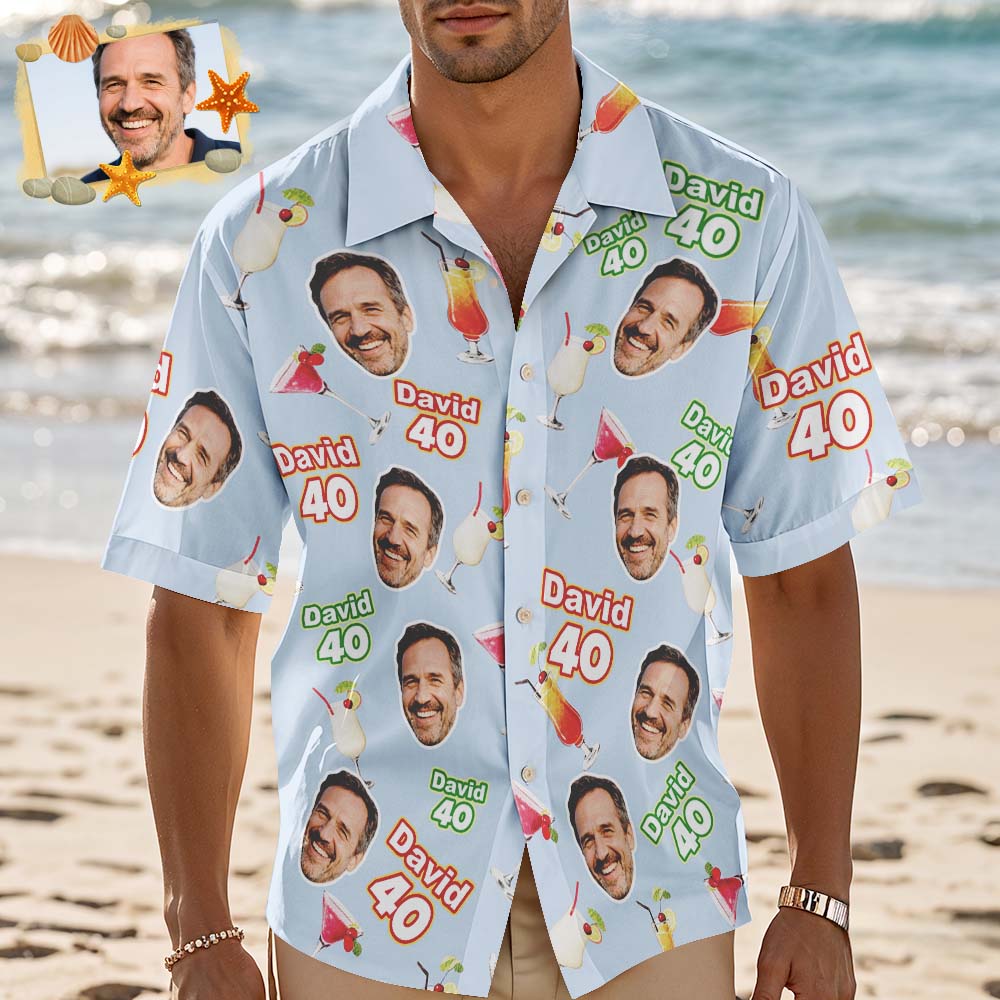 T-shirt Hawaïen Bleu Clair Avec Visage Et Nom D'anniversaire Personnalisés, T-shirt Drôle De Fête D'anniversaire Avec Visage Personnalisé, Photo De Visage Personnalisée, T-shirt De Groupe De Fête D'anniversaire Assorti