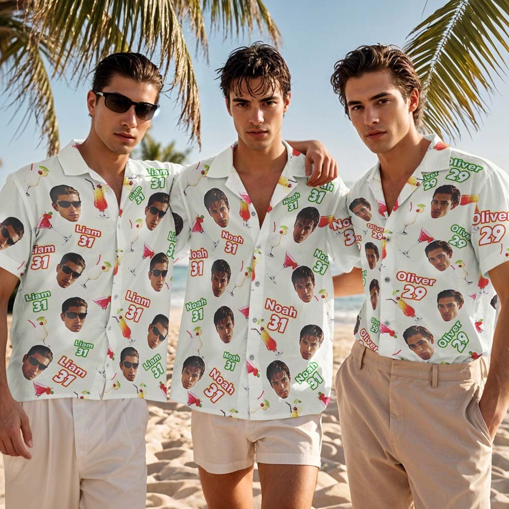 T-shirt Hawaïen Vert Personnalisé Avec Visage Et Nom D'anniversaire, T-shirt Drôle De Fête D'anniversaire Personnalisé Avec Photo De Visage Personnalisée, T-shirt De Groupe De Fête D'anniversaire Assorti - MyFaceSocksFR