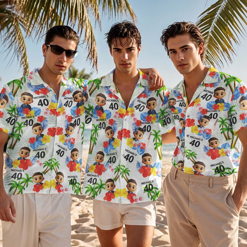 Chemise Hawaïenne Personnalisée Avec Imprimé Visage De Dessin Animé, Flamants Roses, Fleurs Et Feuilles - MyFaceSocksFR