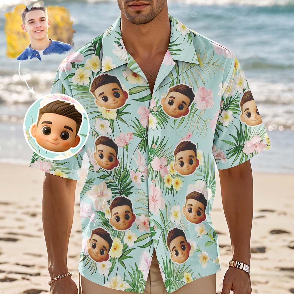 Chemise Hawaïenne Personnalisée Avec Motif De Feuille De Dessin Animé, Chemise Personnalisée Avec Photo De Visage Pour Homme, Tenue De Vacances D'été Amusante