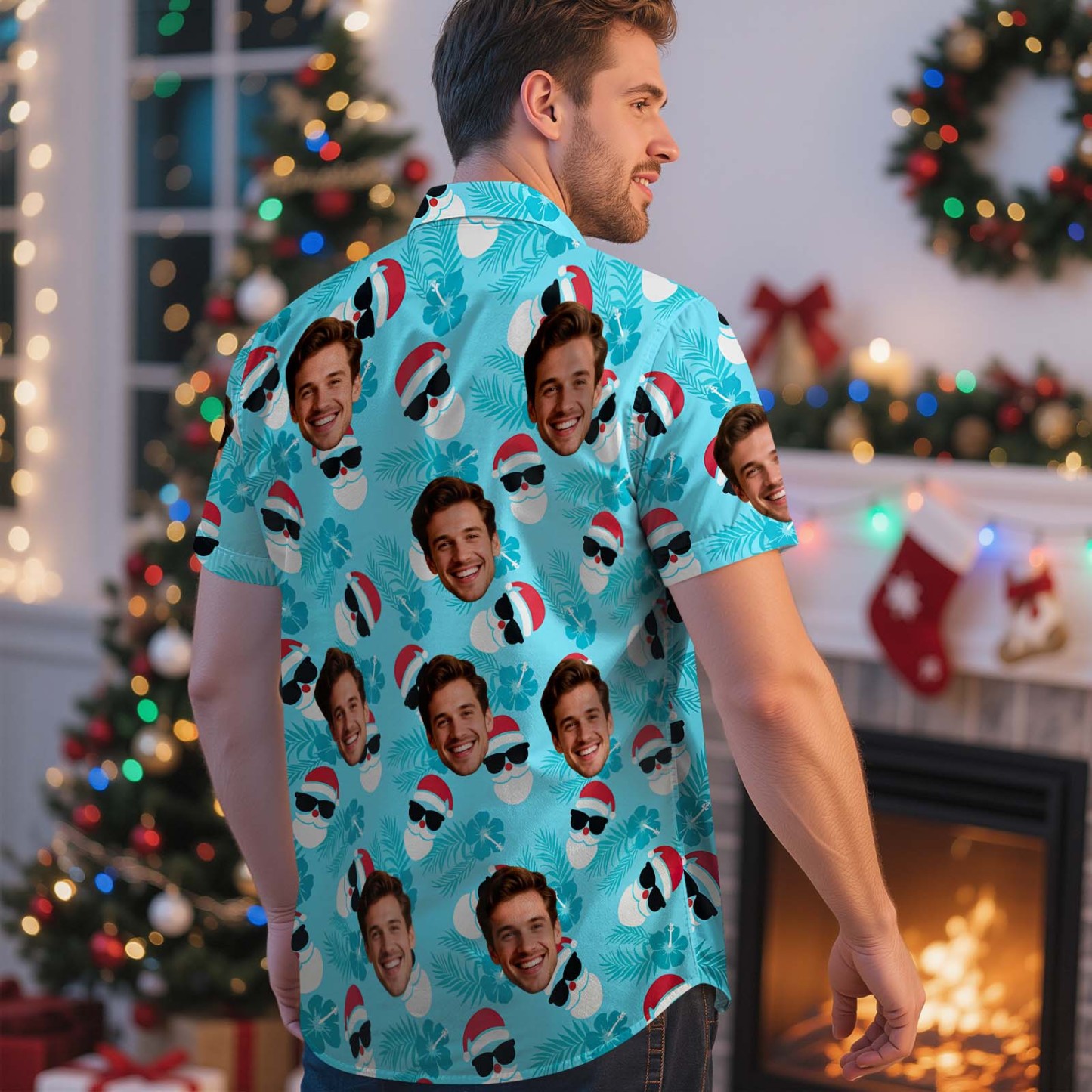 T-shirt De Noël Personnalisé Avec Visage - Joyeux Noël - Chemise Hawaïenne - Cadeau De Noël Pour La Famille Et Les Amis - MyFaceSocksFR