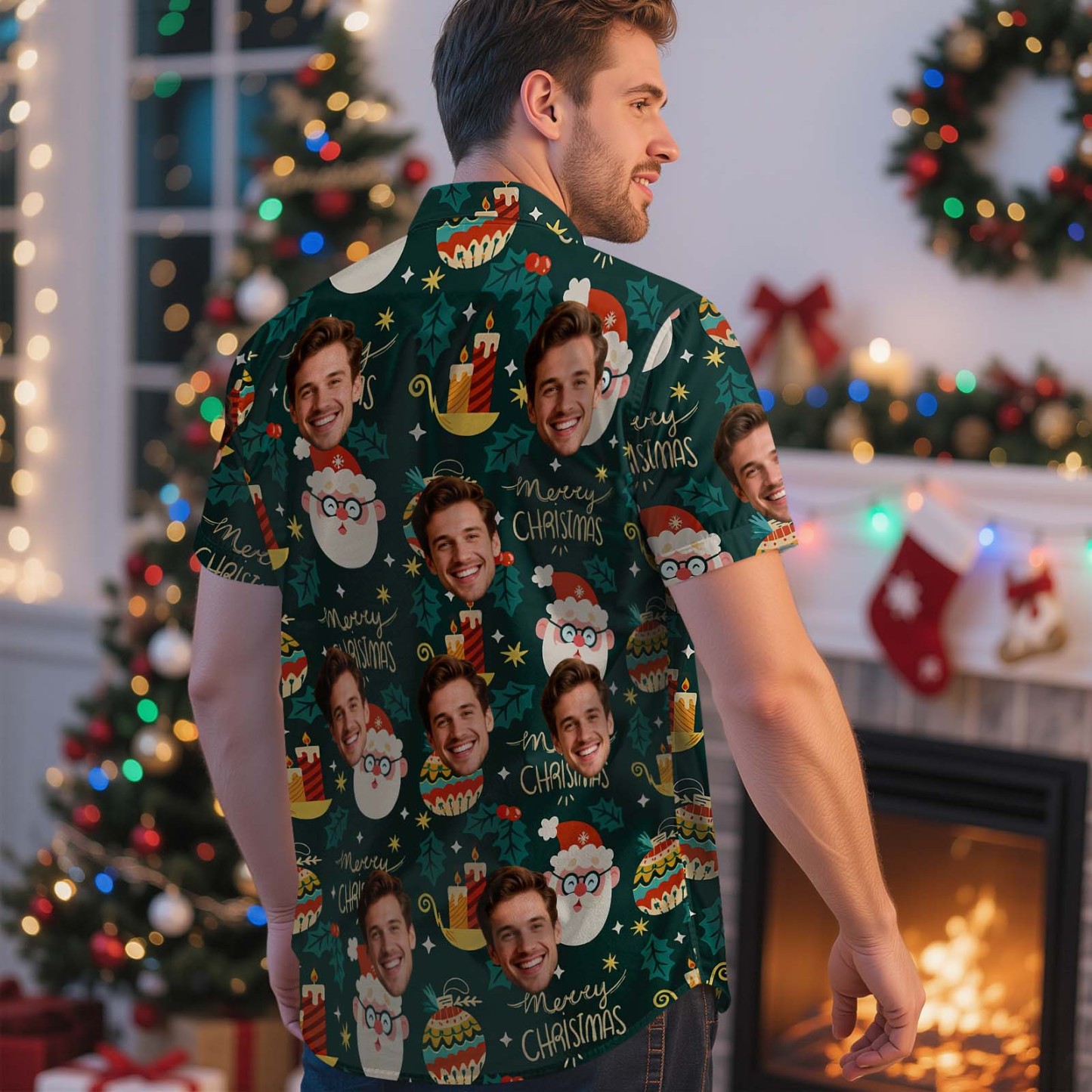 T-shirt De Noël Personnalisé Avec Visage - Joyeux Noël - Chemise Hawaïenne - Cadeau De Noël Pour La Famille Et Les Amis - MyFaceSocksFR