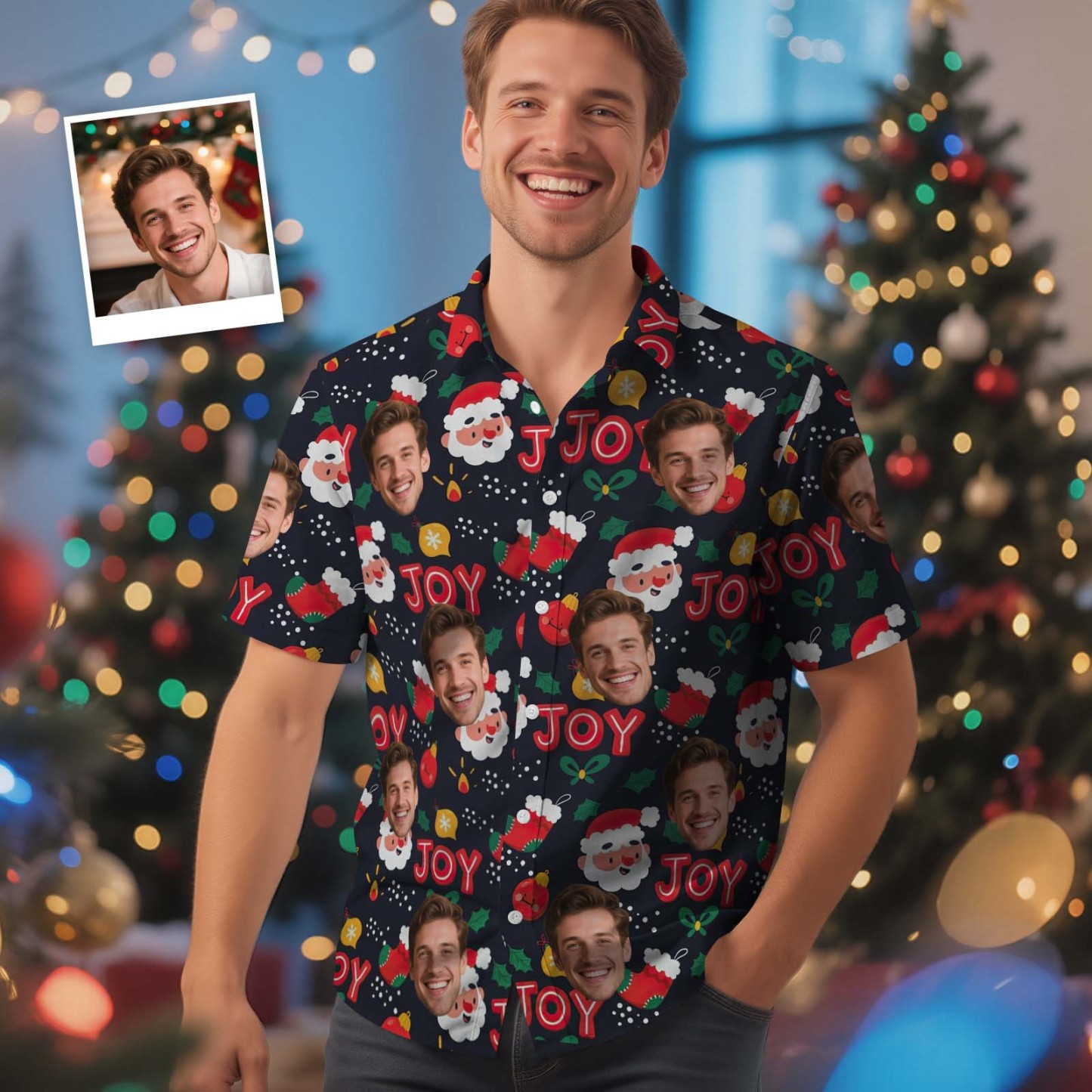 T-shirt De Noël Personnalisé Avec Visage - Joyeux Noël - Chemise Hawaïenne - Cadeau De Noël Pour La Famille Et Les Amis - MyFaceSocksFR