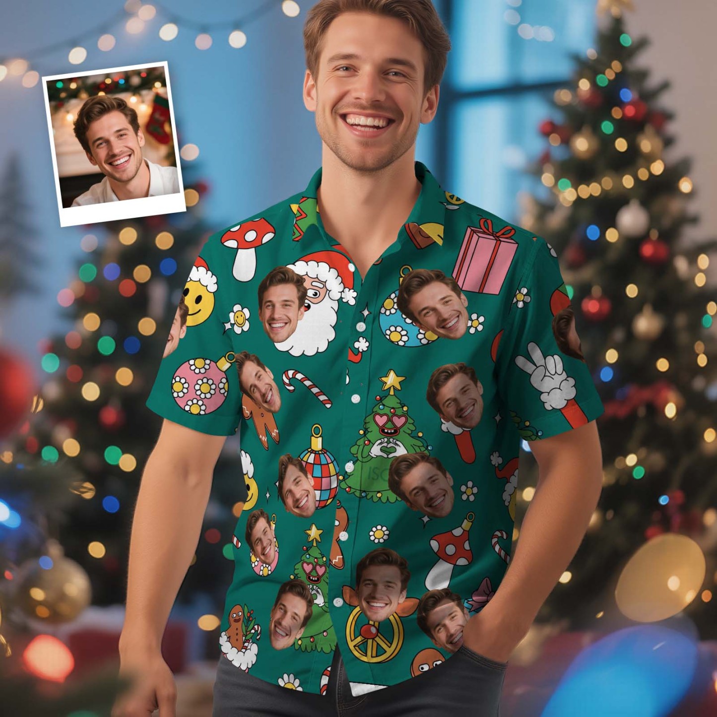 T-shirt Personnalisé Avec Photo Et Verre À Vin Lumineux De Noël - Chemise Hawaïenne Pour Homme - Cadeau De Noël - MyFaceSocksFR