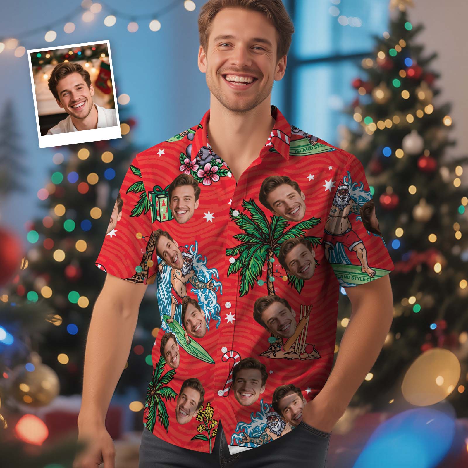 Chemise Hawaïenne De Noël Personnalisée Avec Photo Du Visage - Cadeau De Noël