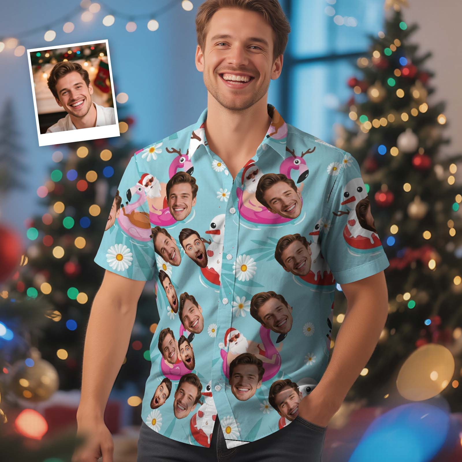 Chemise Hawaïenne Personnalisée Avec Photo De Visage Et Motif Flamant Rose Bleu - Cadeau De Noël