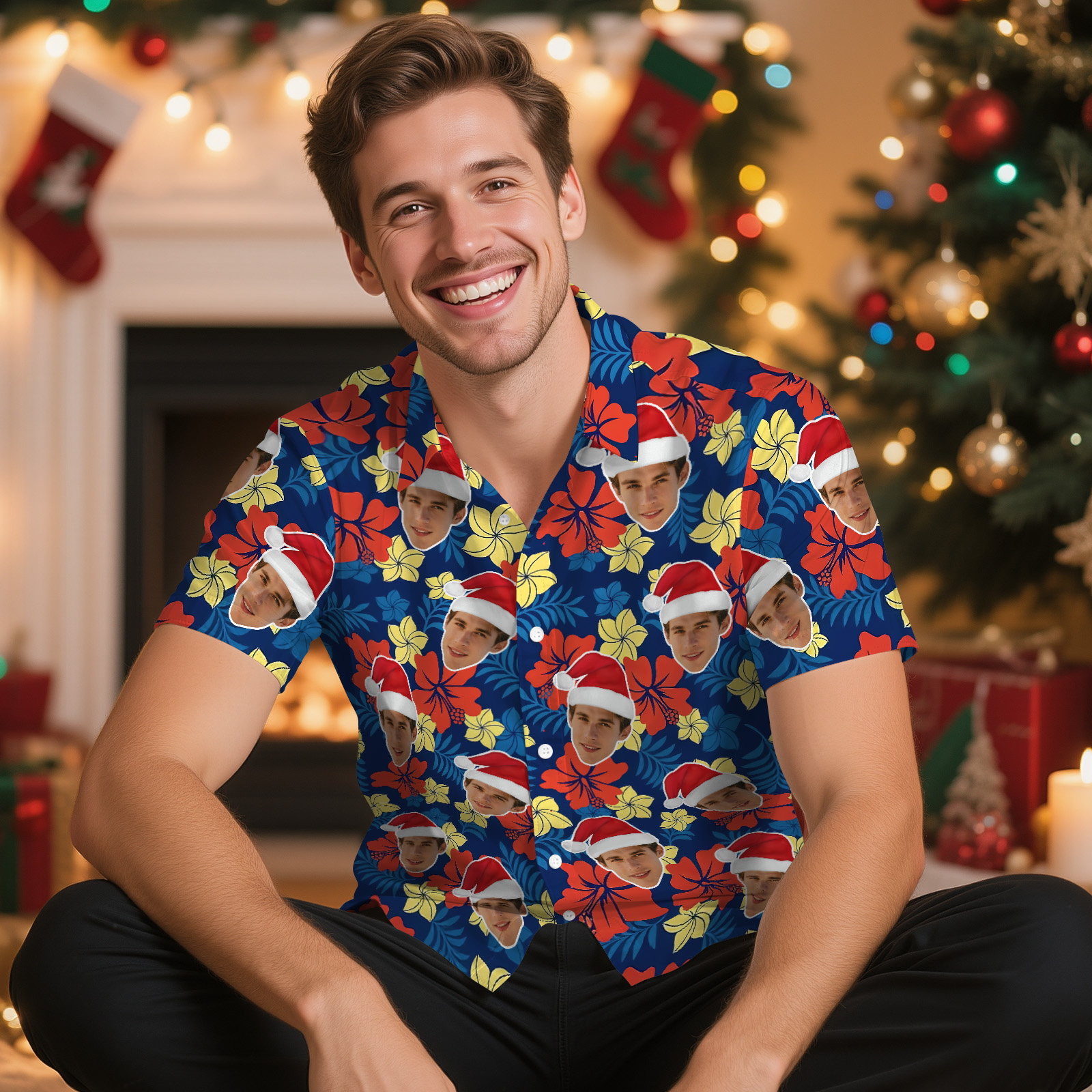 Chemise Hawaïenne Personnalisée Avec Photo Et Motif Floral - Cadeau De Noël