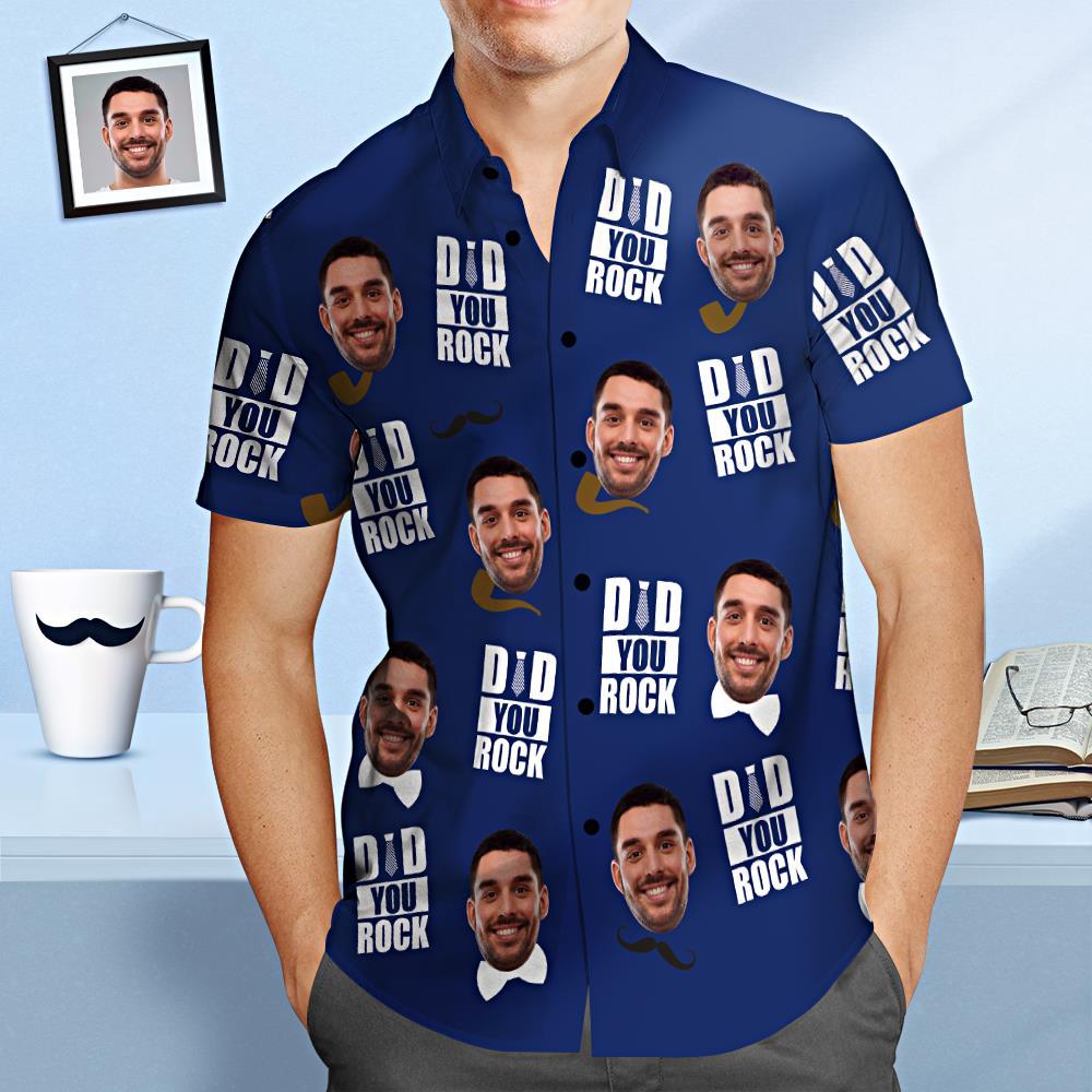 Chemise Hawaïenne Visage Personnalisé Papa Vous Rock Bleu Chemise De Fête Des Pères Personnalisée Cadeau Pour Papa - VisageChaussettes