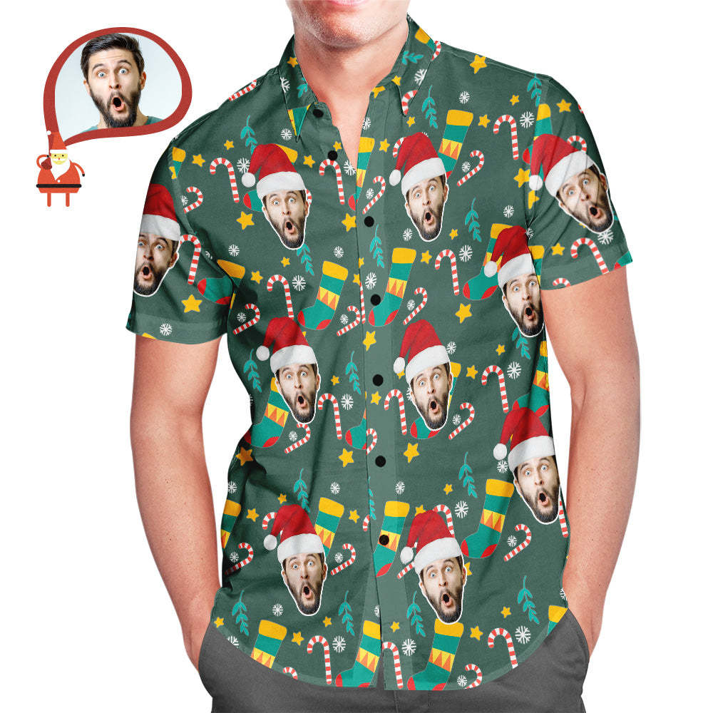 Visage Personnalisé Porter Des Hommes Santa Hat Noël Hawaïen Aloha Chemises Cadeau De Noël - VisageChaussettes