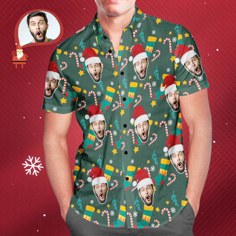 Visage Personnalisé Porter Des Hommes Santa Hat Noël Hawaïen Aloha Chemises Cadeau De Noël - VisageChaussettes