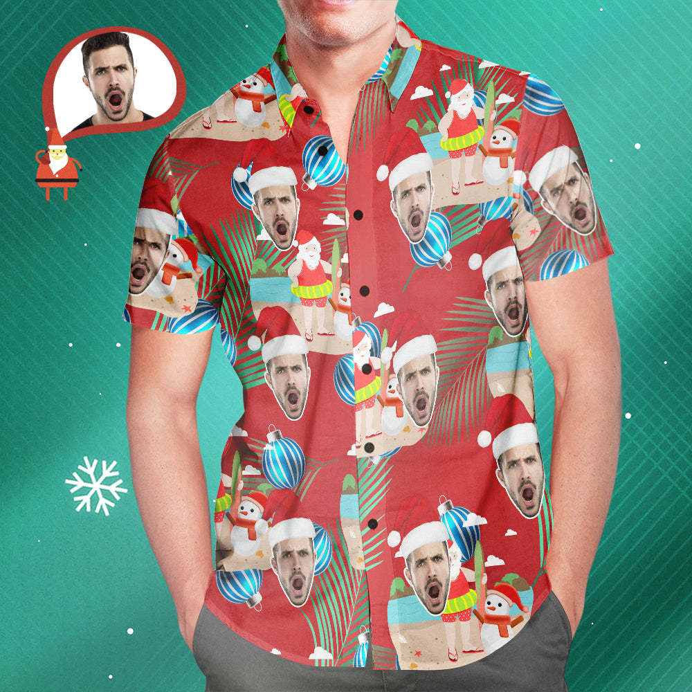 Visage Personnalisé Joyeux Noël Père Noël Chemise Hawaïenne Imprimée Pour Homme Cadeau De Noël - VisageChaussettes