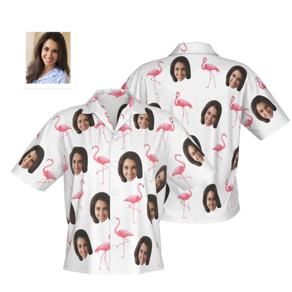 Chemise Hawaïenne Personnalisée Visage Personnalisé Chemise Flamant Rose Pour Femme Cadeau Saint Valentin Pour Elle - VisageChaussettes