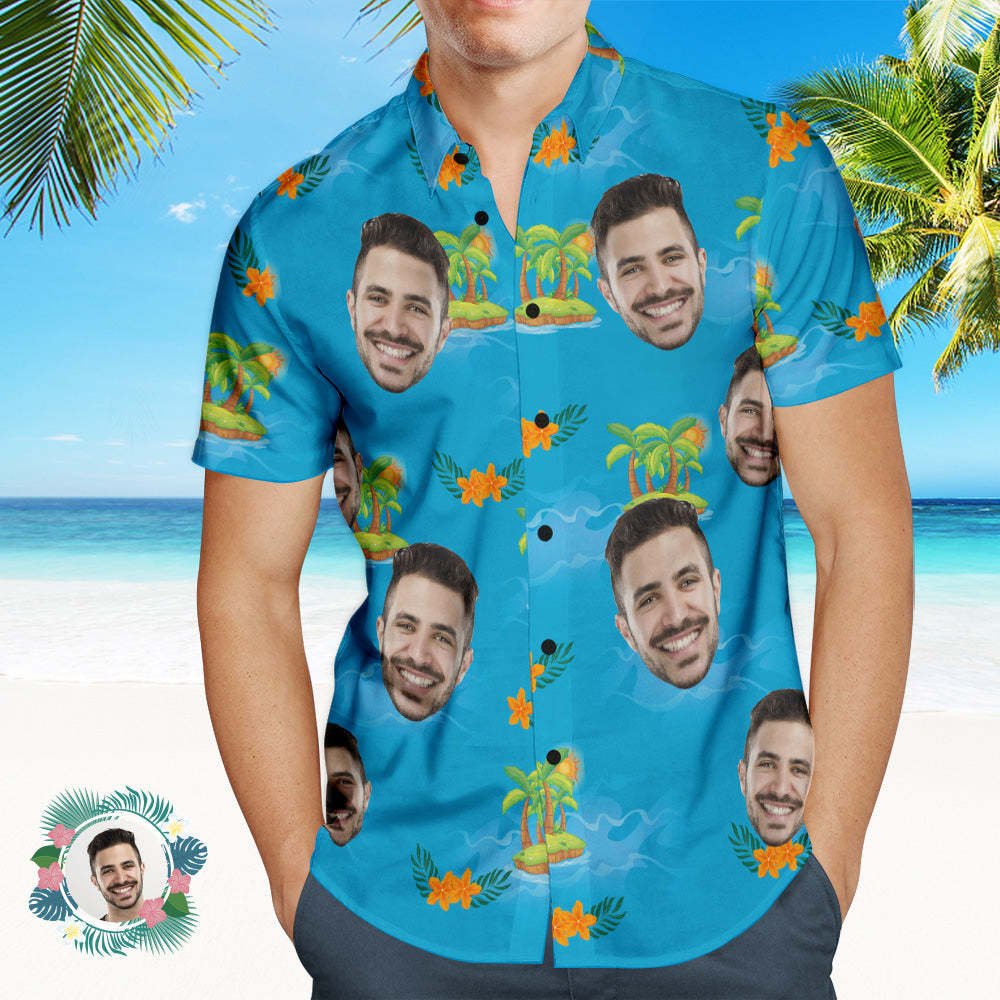 Photo Personnalisée Chemise Hawaïenne Plage Vacances Hommes Populaire Partout Impression Hawaïenne Plage Chemise Vacances Cadeau Bleu - VisageChaussettes