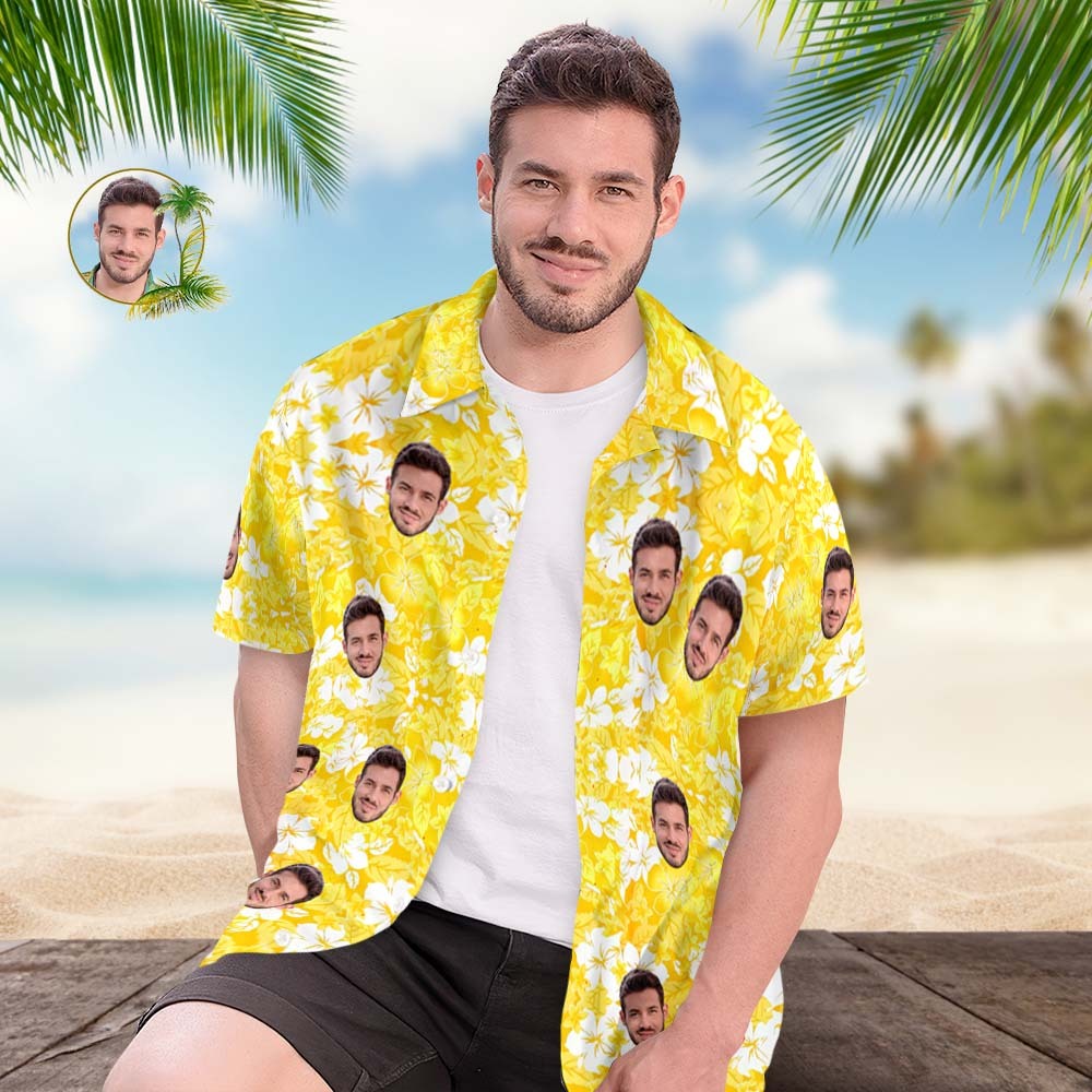 Chemise Hawaïenne Personnalisée Pour Hommes, Cadeau De Chemise Aloha Imprimé Partout - Jaune - VisageChaussettes