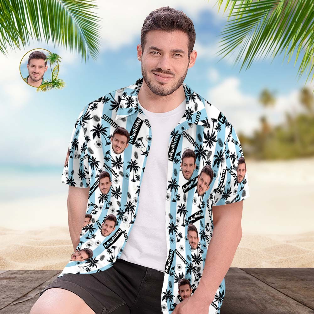 Chemise Hawaïenne Personnalisée Pour Hommes, Cadeau De Chemise Aloha Imprimé Partout - Rayé Bleu Et Blanc - VisageChaussettes