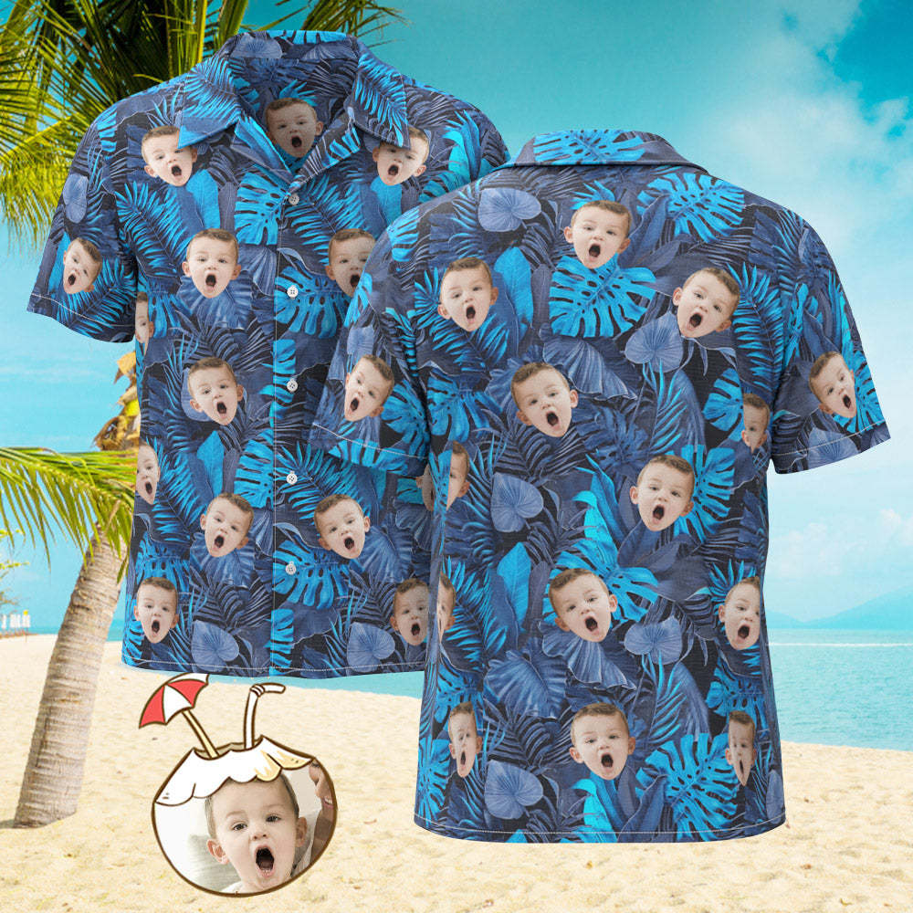 Visage Personnalisé Sur Toute La Chemise Hawaïenne Imprimée Fleurs Et Feuilles Chemise De Plage Bleue - VisageChaussettes