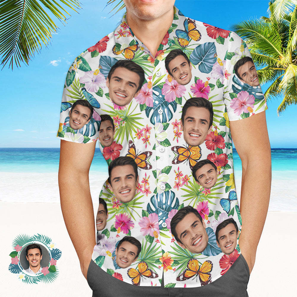 Chemise Hawaïenne Personnalisée Pour Hommes, Cadeau De Chemise Aloha Imprimé Partout - Fleurs Romantiques Hawaïennes - VisageChaussettes