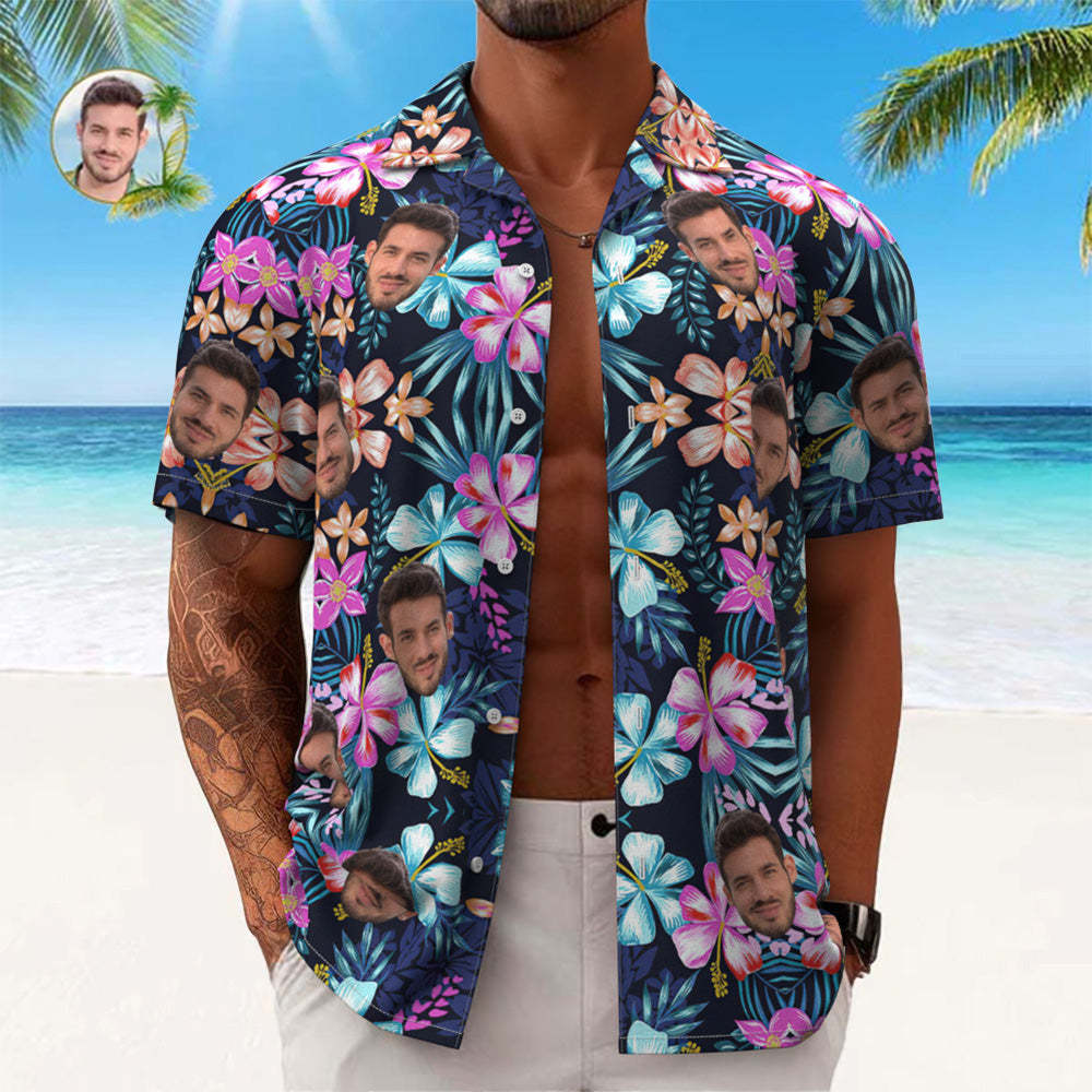 Chemise Hawaïenne Personnalisée Pour Hommes, Cadeau De Chemise Aloha Imprimé Partout - Fleurs Multicolores - VisageChaussettes