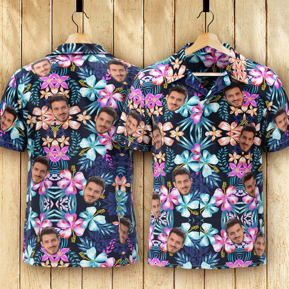Chemise Hawaïenne Personnalisée Pour Hommes, Cadeau De Chemise Aloha Imprimé Partout - Fleurs Multicolores - VisageChaussettes