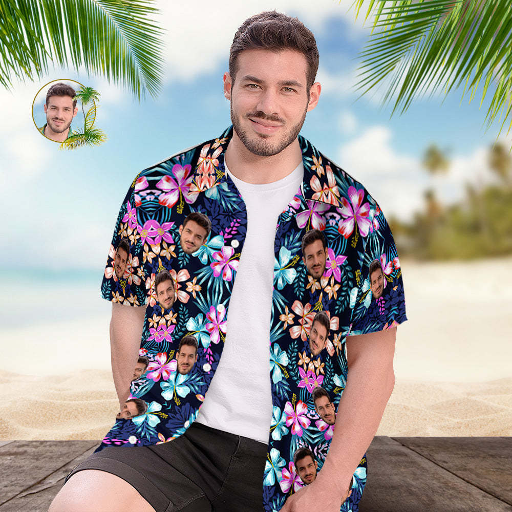 Chemise Hawaïenne Personnalisée Pour Hommes, Cadeau De Chemise Aloha Imprimé Partout - Fleurs Multicolores - VisageChaussettes