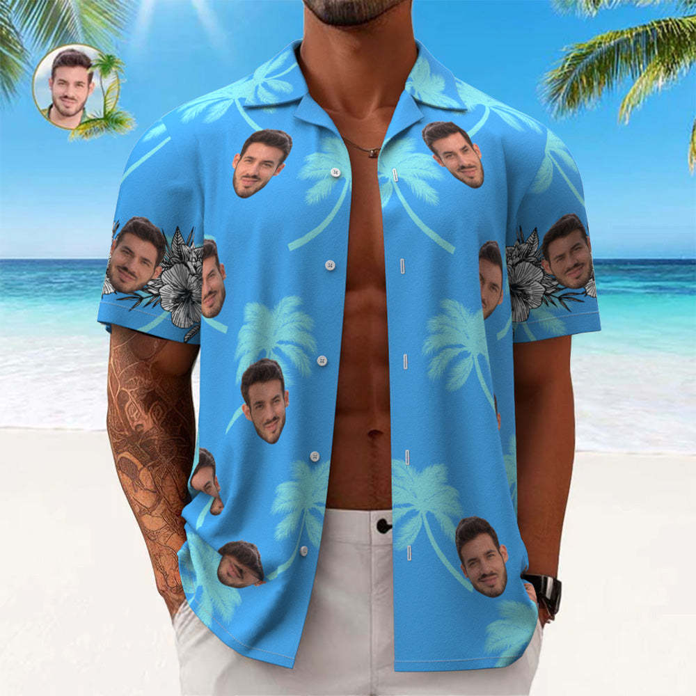 Chemise Hawaïenne Personnalisée Pour Hommes, Cadeau De Chemise Aloha Imprimé Partout - Bleu - VisageChaussettes