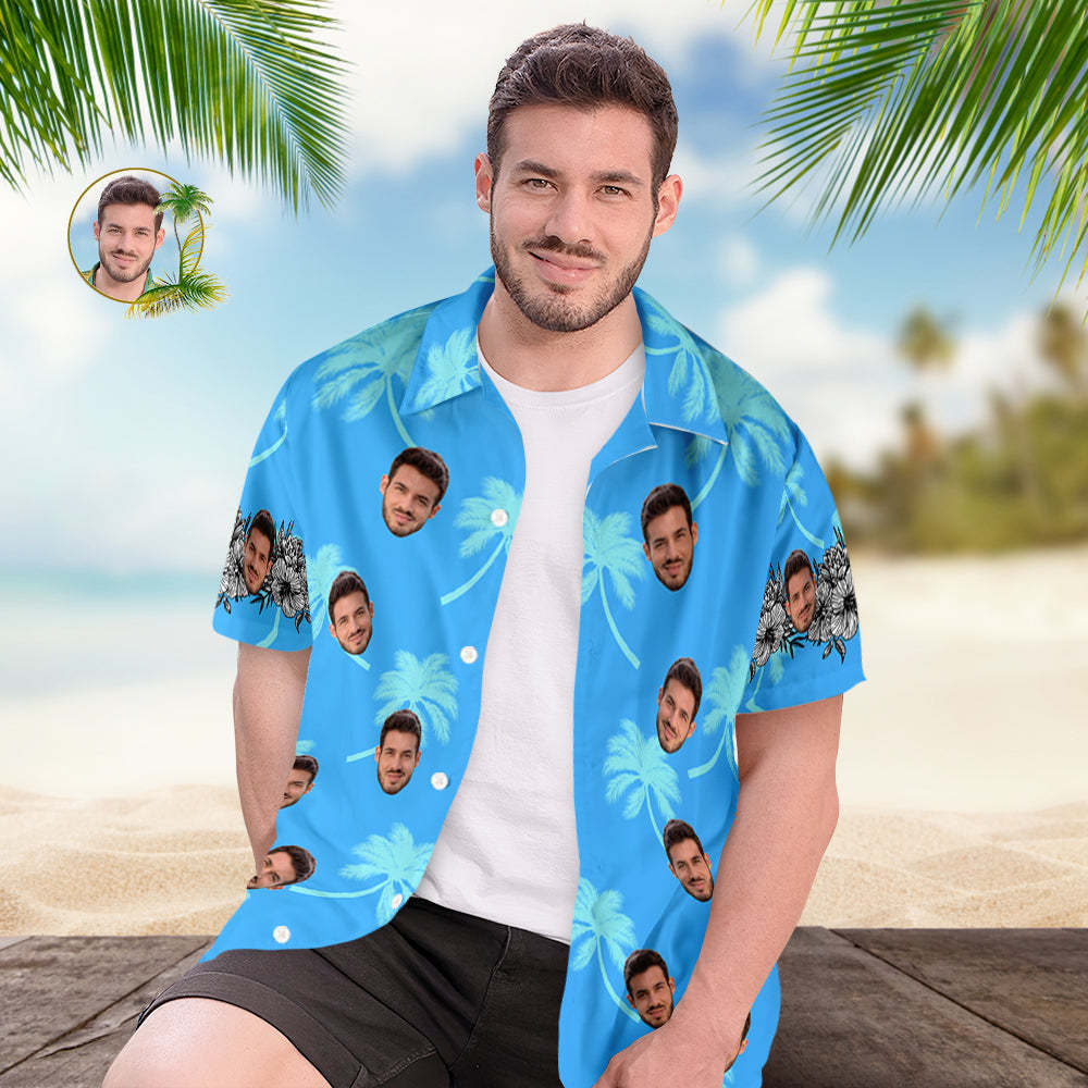 Chemise Hawaïenne Personnalisée Pour Hommes, Cadeau De Chemise Aloha Imprimé Partout - Bleu - VisageChaussettes