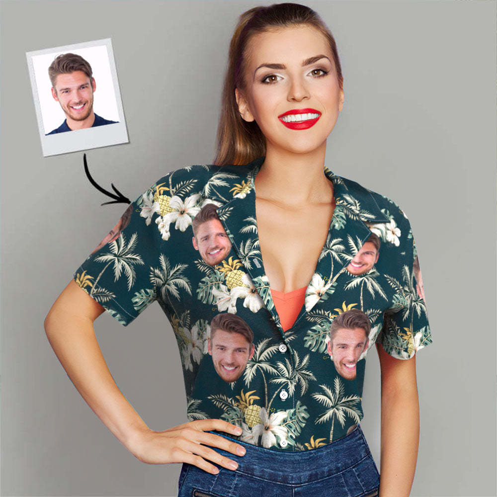 Photo Personnalisée Funky Vintage Chemise Hawaïenne Décontractée Boutonnée À Manches Courtes-pour Elle - VisageChaussettes