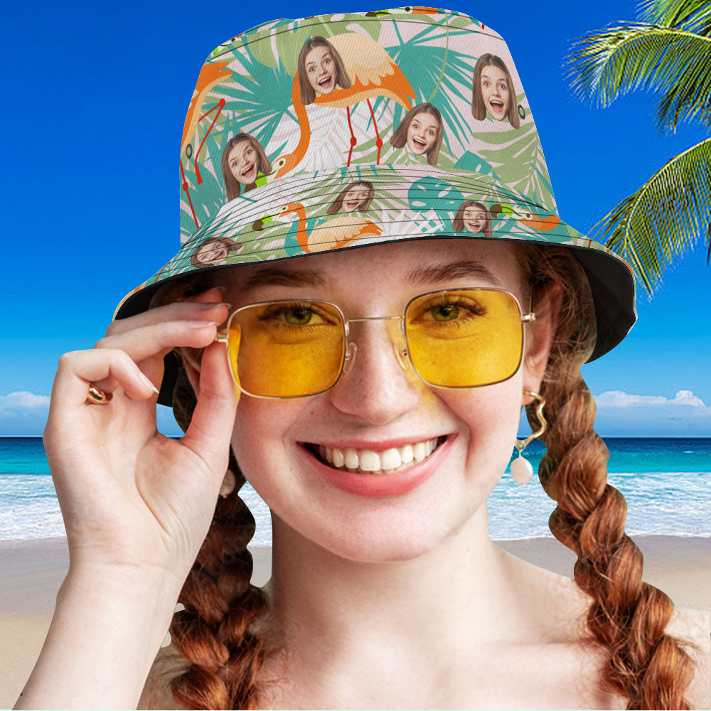 Chapeau De Seau Personnalisé Unisexe Visage Chapeau De Seau Été En Plein Air Flamants Roses Et Feuilles Chapeau De Seau