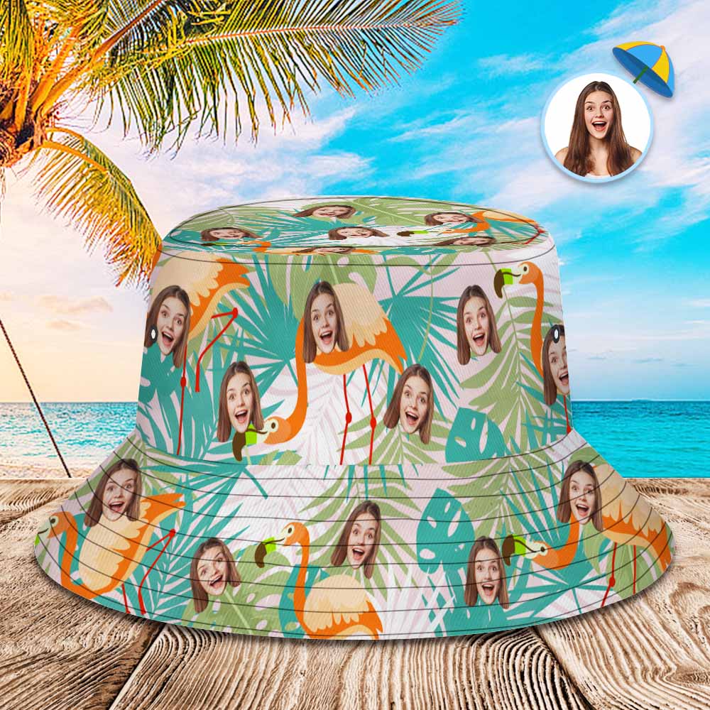 Chapeau De Seau Personnalisé Unisexe Visage Chapeau De Seau Été En Plein Air Flamants Roses Et Feuilles Chapeau De Seau