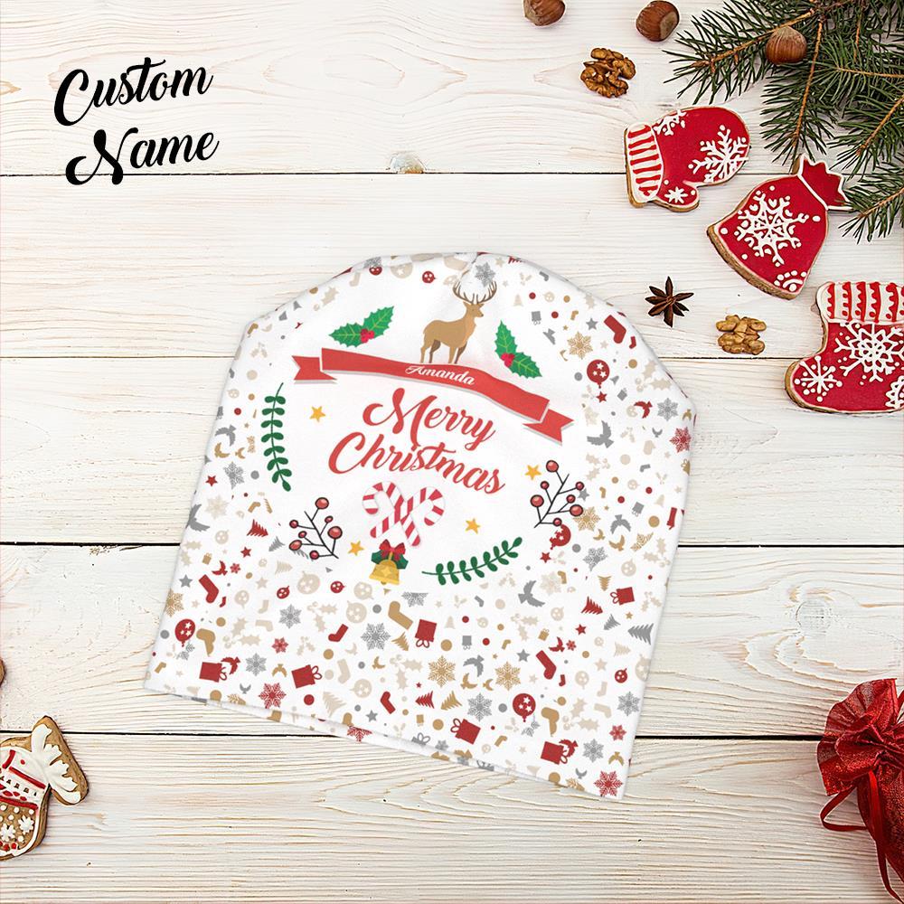 Casquette De Pull À Impression Complète Personnalisée Avec Texte Bonnet Personnalisé Chapeaux Cadeau De Noël Pour Elle - Joyeux Noël - VisageChaussettes