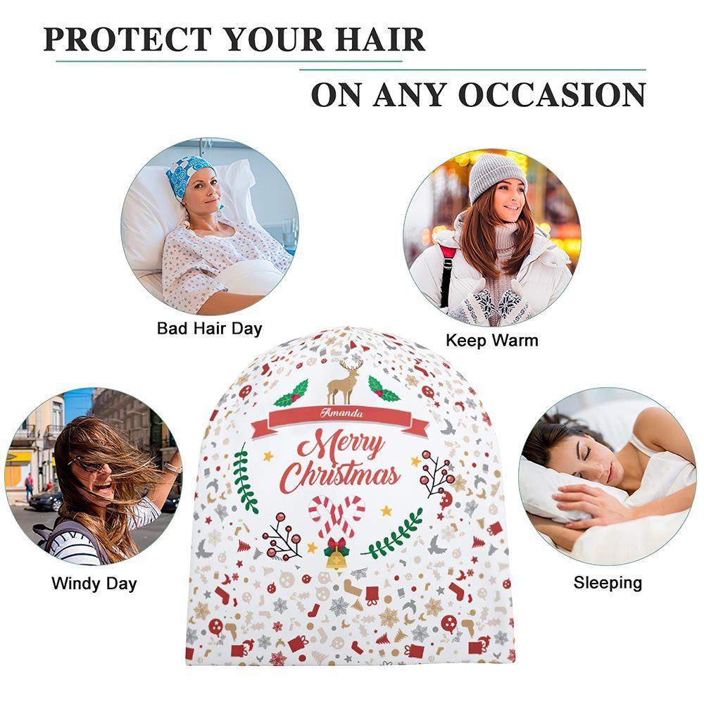 Casquette De Pull À Impression Complète Personnalisée Avec Texte Bonnet Personnalisé Chapeaux Cadeau De Noël Pour Elle - Joyeux Noël - VisageChaussettes