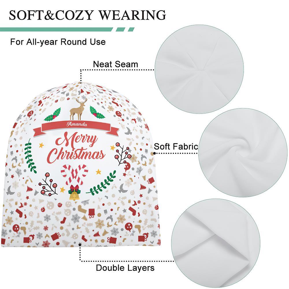 Casquette De Pull À Impression Complète Personnalisée Avec Texte Bonnet Personnalisé Chapeaux Cadeau De Noël Pour Elle - Joyeux Noël - VisageChaussettes