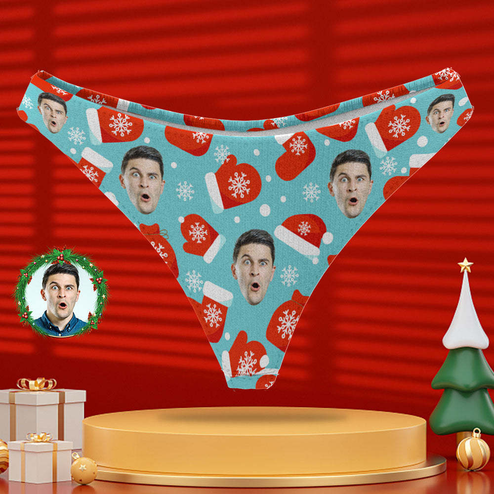 Photo Personnalisée Culotte Visage Personnalisé Bleu String Sous-vêtements Cadeaux De Noël Pour Les Femmes - VisageChaussettes