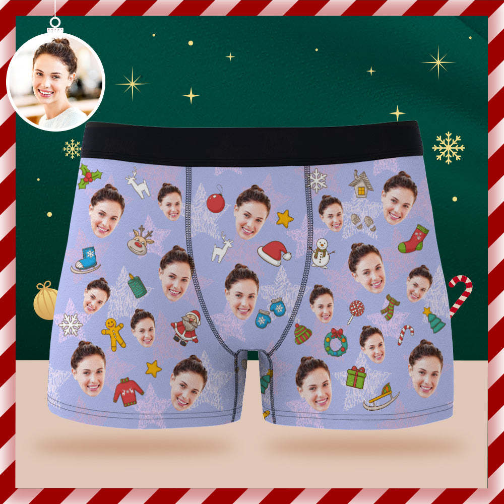 Boxer Visage Personnalisé Sous-vêtements Violets Personnalisés Cadeau De Joyeux Noël Pour Lui - VisageChaussettes