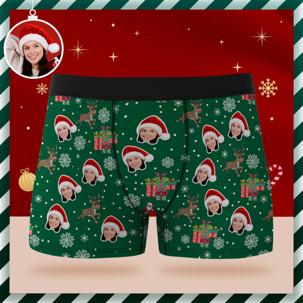 Boxer Personnalisé Avec Visage, Sous-vêtements Verts Personnalisés, Père Noël Et Élan, Cadeaux De Joyeux Noël Pour Lui - VisageChaussettes