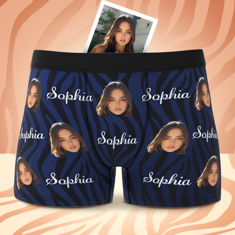 Boxer À Rayures Bleues Avec Visage Et Texte Personnalisés, Visage Pour Hommes, Cadeaux De Saint-valentin - MyFaceSocksFR