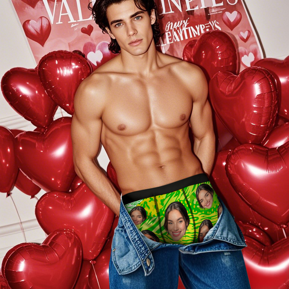 Boxer Visage Personnalisé Pour Hommes, Sous-vêtements À Motifs Mixtes, Cadeaux De Saint Valentin, Vert - MyFaceSocksFR