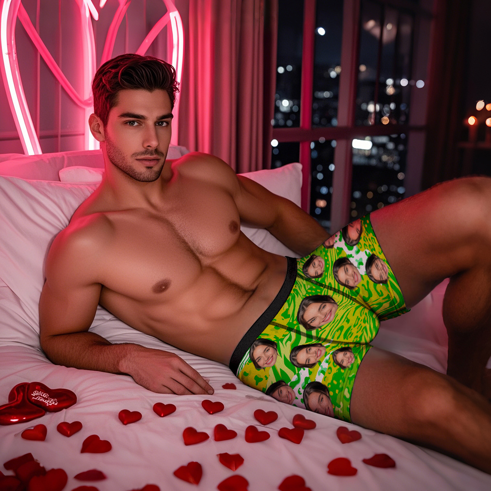 Boxer Visage Personnalisé Pour Hommes, Sous-vêtements À Motifs Mixtes, Cadeaux De Saint Valentin, Vert - MyFaceSocksFR